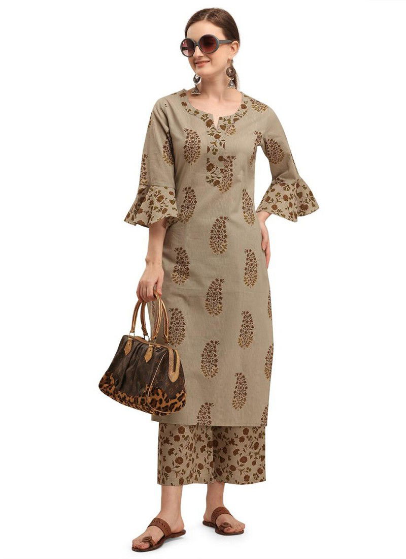 Gray Latest Fancy Designer Ethnic Regular Wear Cotton Printed Kurti And Palzzo Collection 108